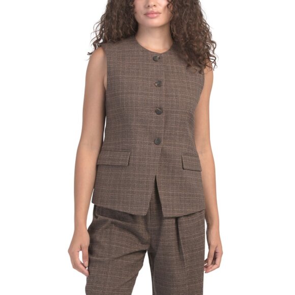 BAGATELLE COLLECTION Dark Brown Plaid Crew Neck Cutaway Vest Top - Picture 1 of 1